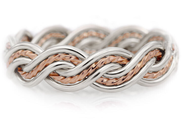 Six Strand Closed Weave Two Tone Braided Ring in Platinum & 14k Rose Gold without Outer Bands