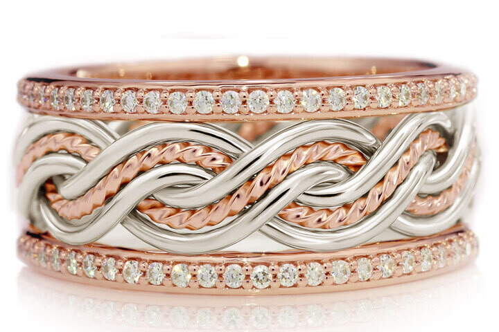 Six Strand Closed Weave Two Tone Braided Ring in Platinum & 14k Rose Gold with Diamond Outer Bands