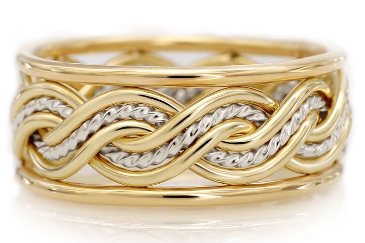 Six Strand Closed Weave Two Tone Braided Ring in Platinum & 18k Yellow Gold with Outer Bands