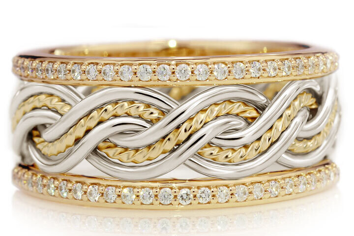 Six Strand Closed Weave Two Tone Braided Ring in Platinum & 18k Yellow Gold with Diamond Outer Bands