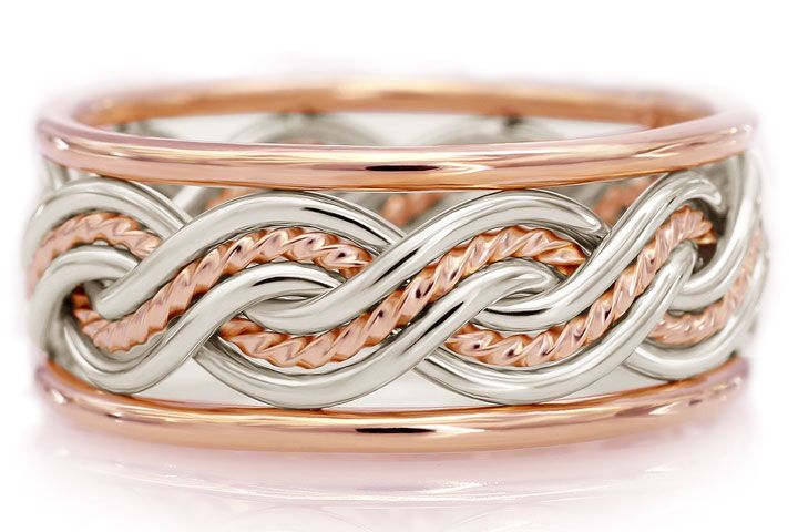 Six Strand Closed Weave Two Tone Braided Ring in Platinum & 14k Rose Gold with Outer Bands