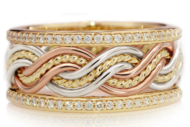 Six Strand Closed Weave Tri Tone Braided Ring With Diamond Outer Bands