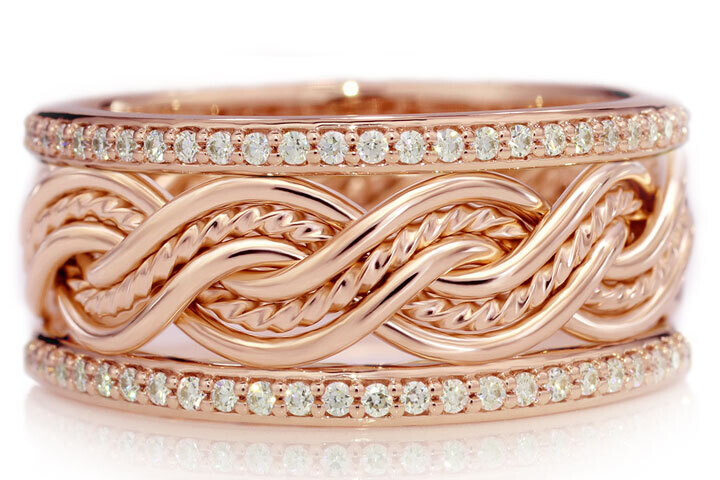 Six Strand Closed Weave Braided Ring in 14k Rose Gold with Diamond Outer Bands