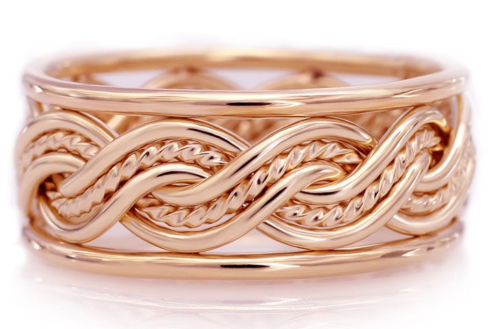 Six Strand Closed Weave Braided Ring in 14k Rose Gold with Outer Bands