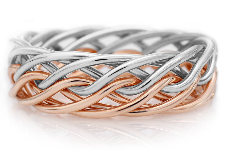 Eight Strand Open Weave Two Tone Braided Ring in Platinum & 14k Rose Gold