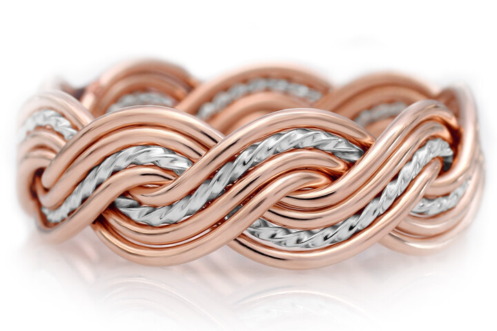 Eight Strand Closed Weave Two Tone Braided Ring in Platinum & 14k Rose Gold