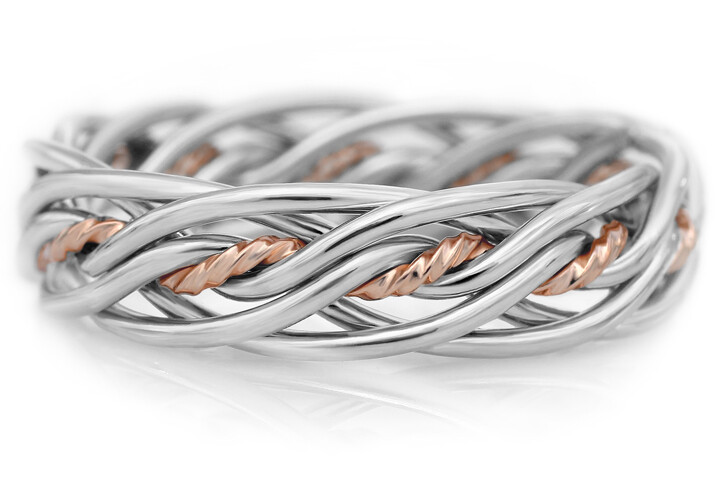 Seven Strand Twist Weave Two Tone Braided Ring in Platinum & 14k Rose Gold