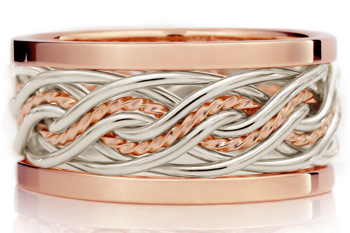 Eight Strand Double Weave Two Tone Braided Ring in Platinum & 14k Rose Gold with Outer Bands