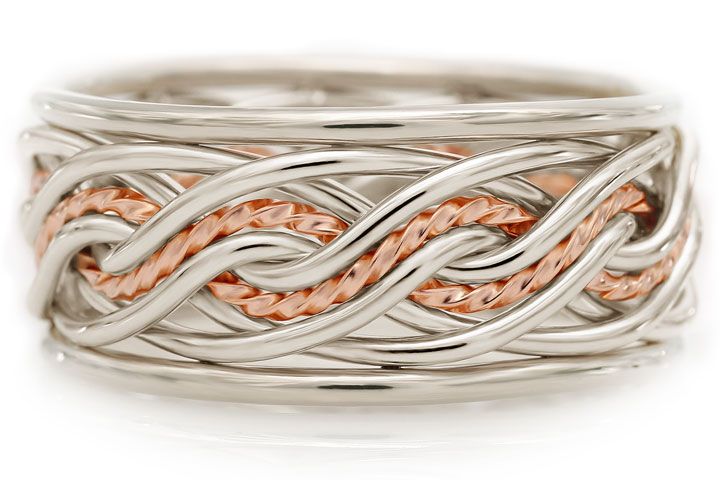 Eight Strand Double Weave Two Tone Braided Ring in Platinum & 14k Rose Gold with Outer Bands