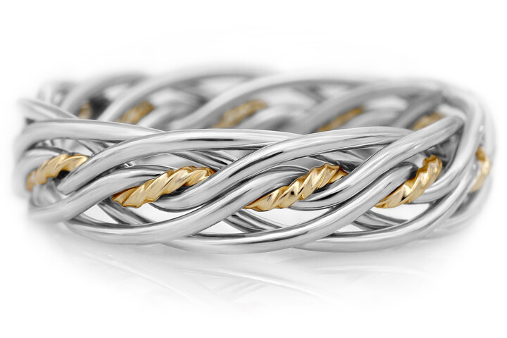 Seven Strand Twist Weave Two Tone Braided Ring in Platinum & 18k Yellow Gold