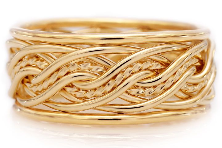 Eight Strand Double Weave Braided Ring in Yellow Gold with Outer Bands