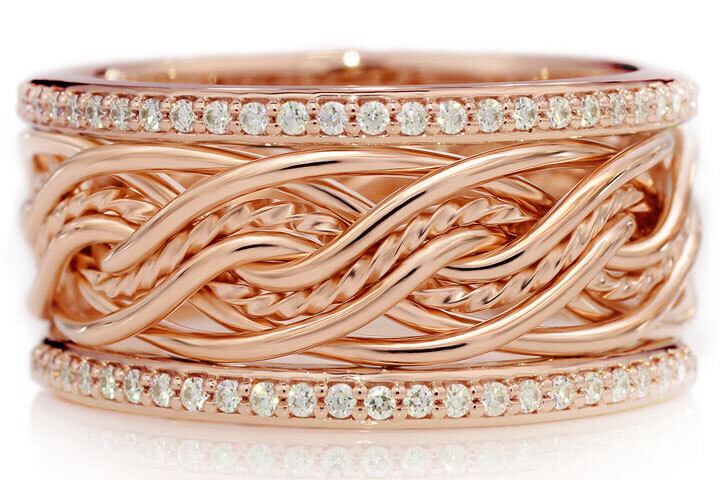 Eight Strand Double Weave Braided Ring in 14k Rose Gold with Diamond Outer Bands