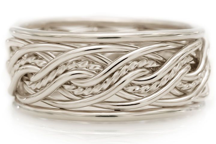 Eight Strand Double Weave Braided Ring in Platinum with Outer Bands