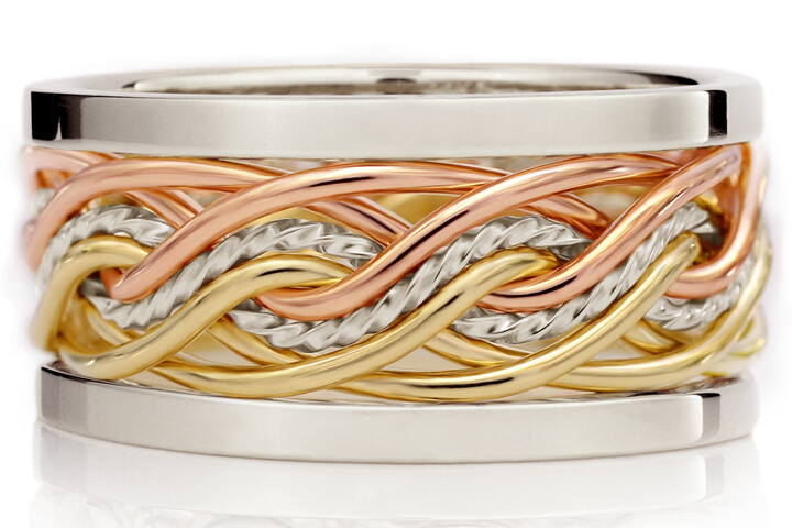 Eight Strand Double Weave Tri Tone Braided Ring With Outer Bands