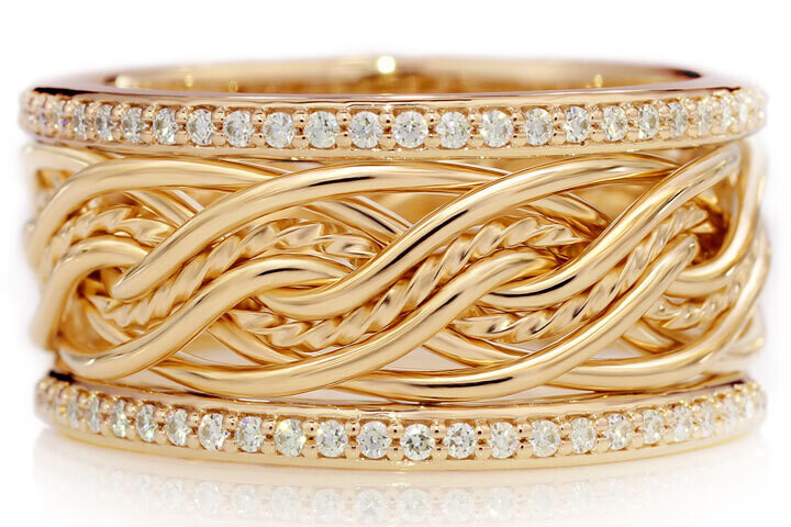Eight Strand Double Weave Braided Ring in Yellow Gold with Diamond Outer Bands