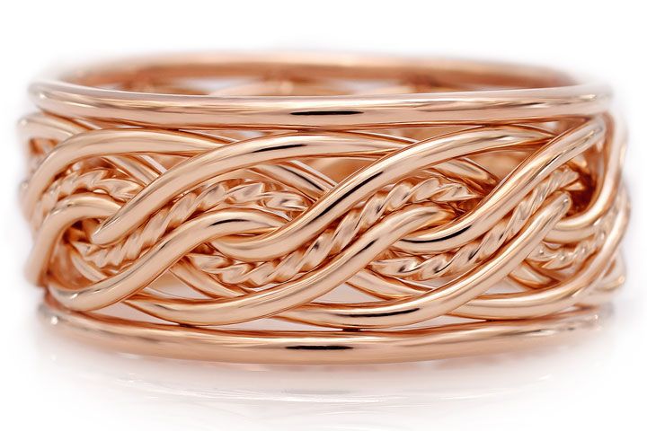 Eight Strand Double Weave Braided Ring in 14k Rose Gold with Outer Bands