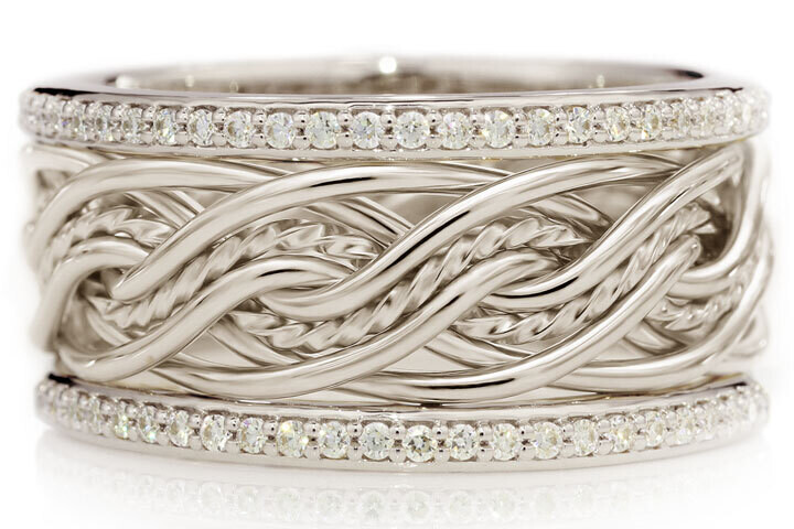 Eight Strand Double Weave Braided Ring in Platinum with Diamond Outer Bands