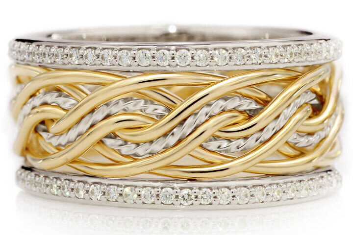 Eight Strand Double Weave Two Tone Braided Ring in Platinum & 18k Yellow Gold with Diamond Outer Bands