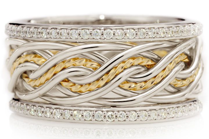 Eight Strand Double Weave Two Tone Braided Ring in Platinum & 18k Yellow Gold with Diamond Outer Bands