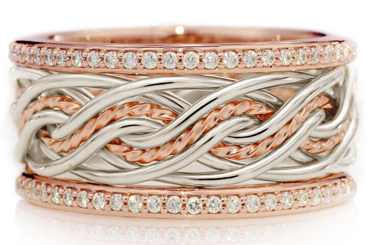 Eight Strand Double Weave Two Tone Braided Ring in Platinum & 14k Rose Gold with Diamond Outer Bands