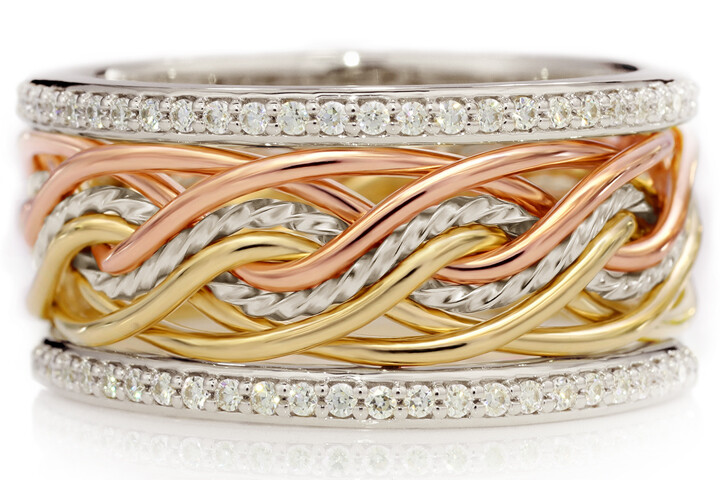 Eight Strand Double Weave Tri Tone Braided Ring With Diamond Outer Bands