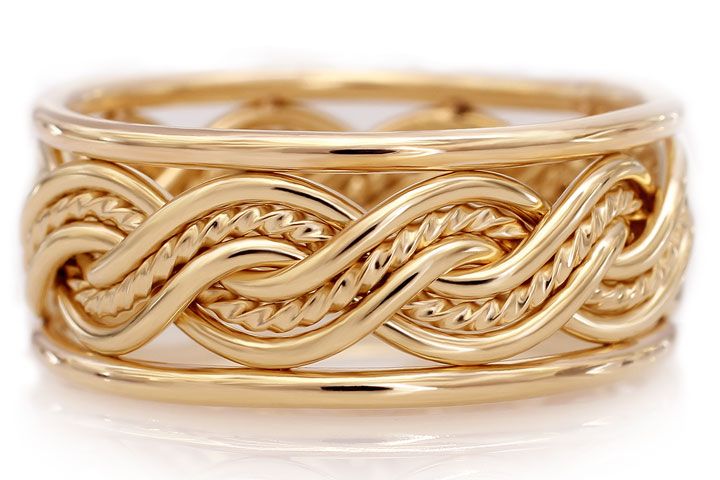 Six Strand Closed Weave Braided Ring in Yellow Gold with Outer Bands