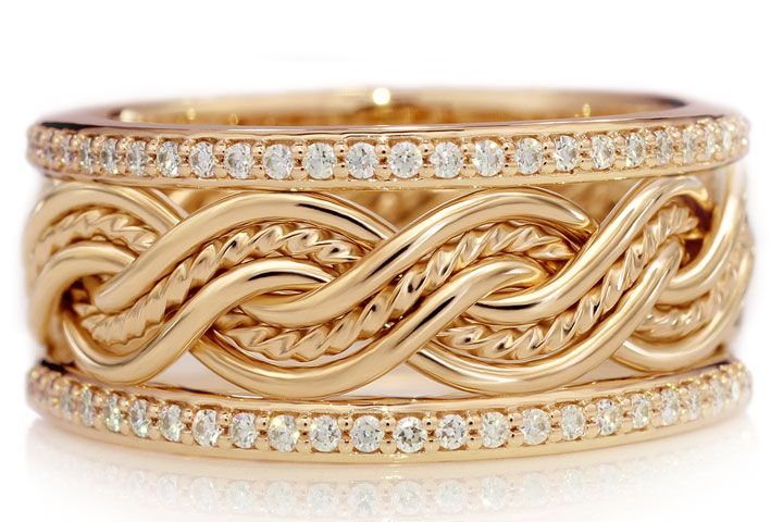 Six Strand Closed Weave Braided Ring in Yellow Gold with Diamond Outer Bands