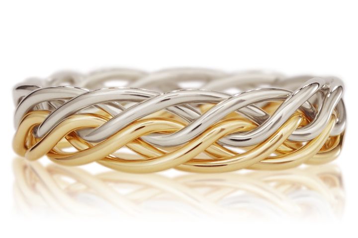 Six Strand Open Weave Two Tone Braided Ring in Yellow Gold & Platinum without Outer Bands