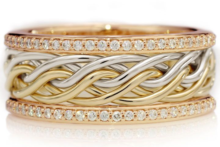 Six Strand Open Weave Two Tone Braided Ring in Platinum & 18k Yellow Gold with Diamond Outer Bands
