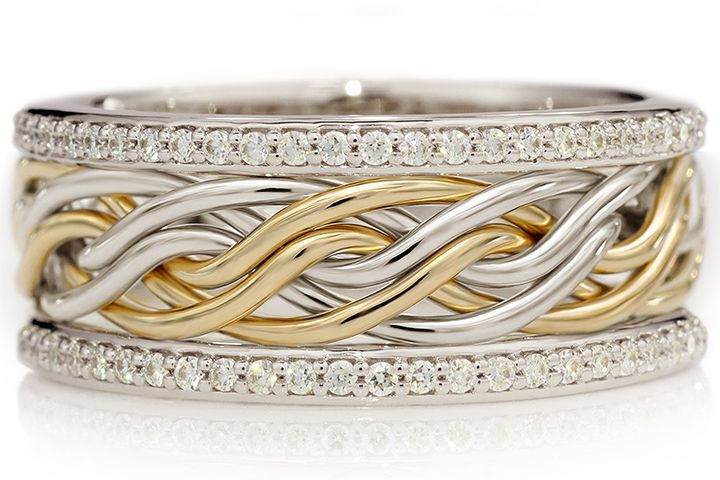 Six Strand Open Weave Two Tone Braided Ring in Platinum & 18k Yellow Gold with Diamond Outer Bands