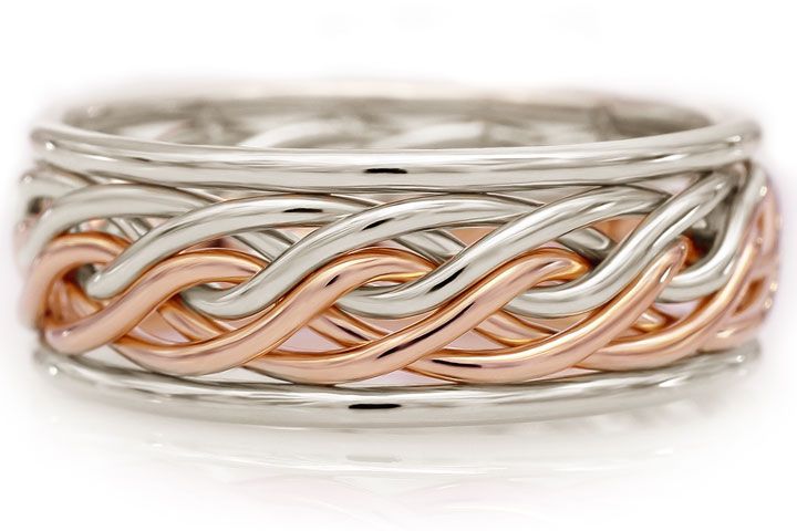 Six Strand Open Weave Two Tone Braided Ring in Platinum & 14k Rose Gold with Outer Bands