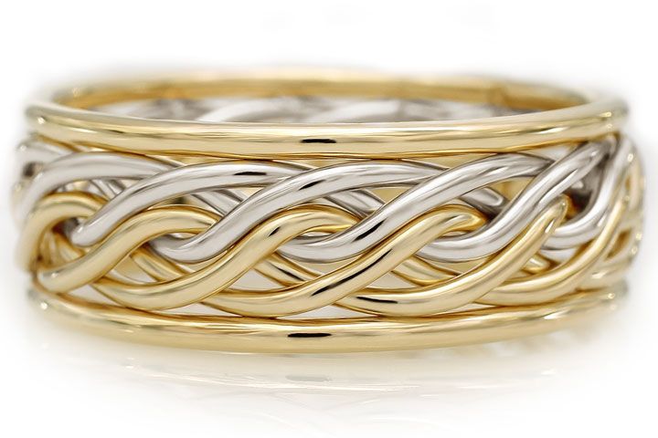 Six Strand Open Weave Two Tone Braided Ring in Platinum & 18k Yellow Gold with Outer Bands