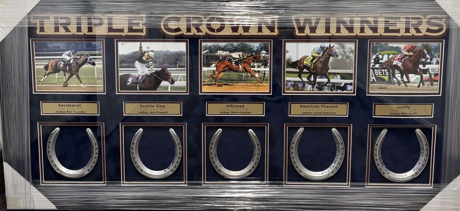 Triple Crown Winners Autographed Horseshoes Custom Framed