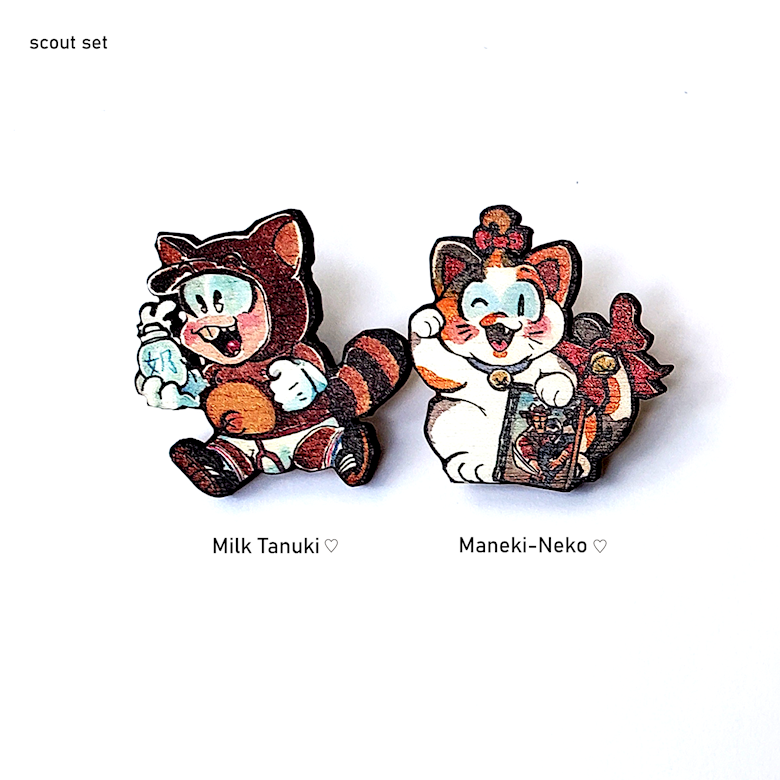 Tanuki and Neko Wooden Pins (1.5")