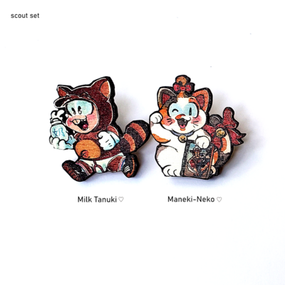 Tanuki and Neko Wooden Pins (1.5&quot;)