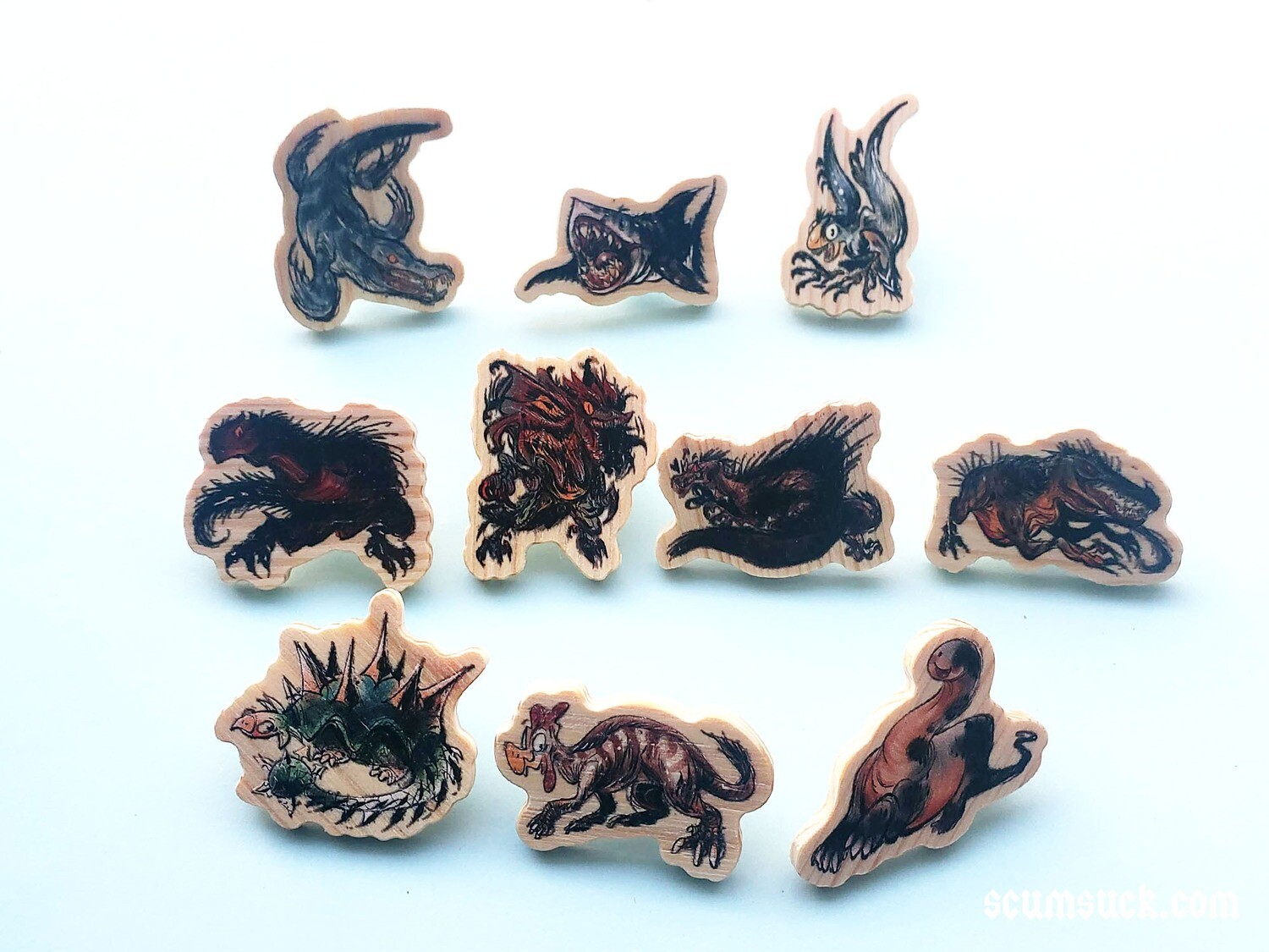 Prehistoric Animals wood pins (1.5")