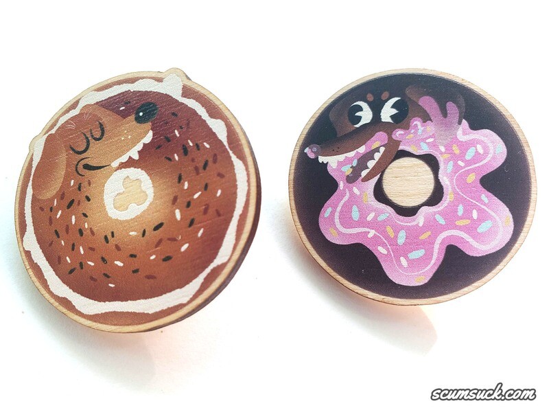 Weenie Dog Bagel n' Donut 1.5" wood pin badges