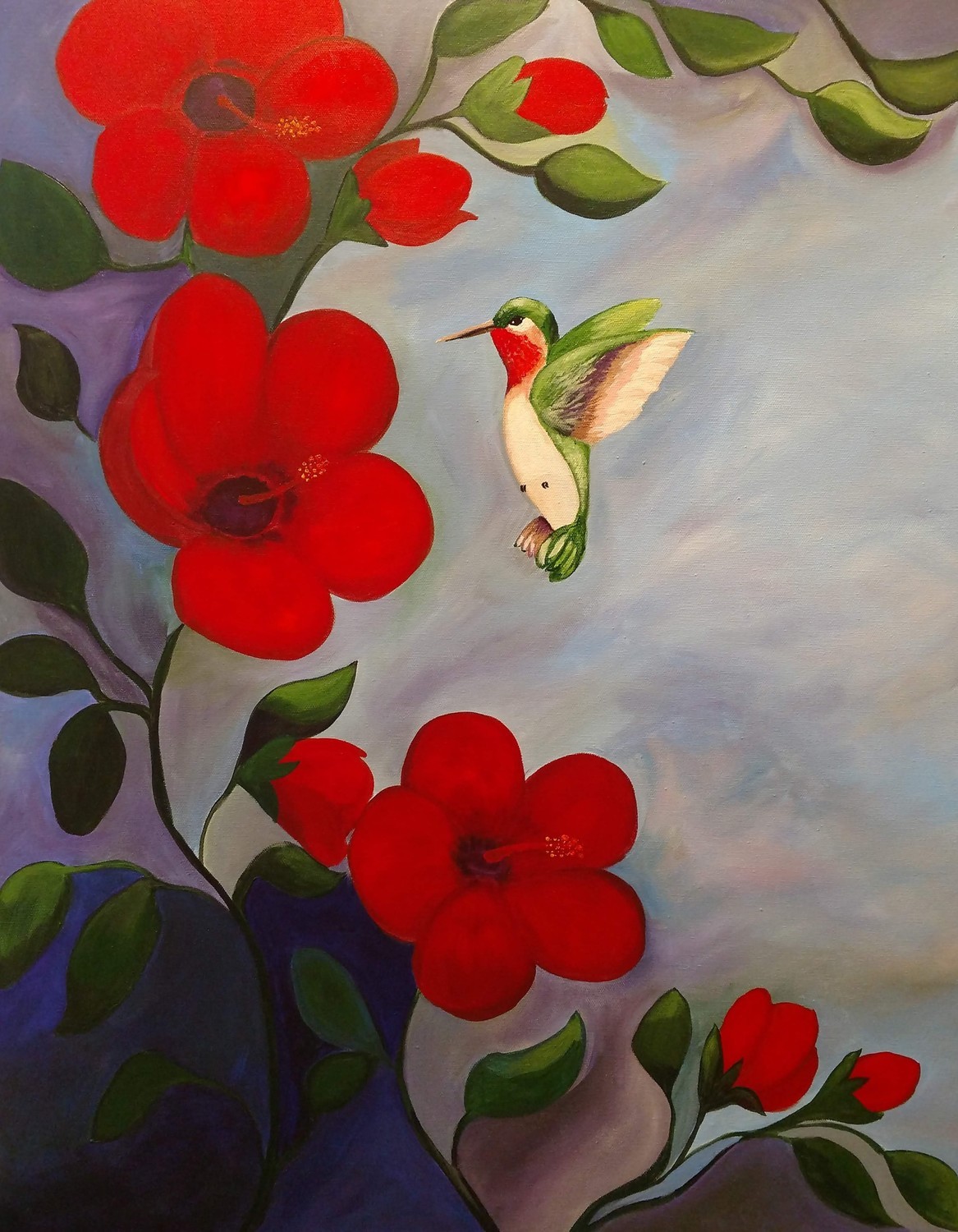 Painting: Hummingbird with hibiscus