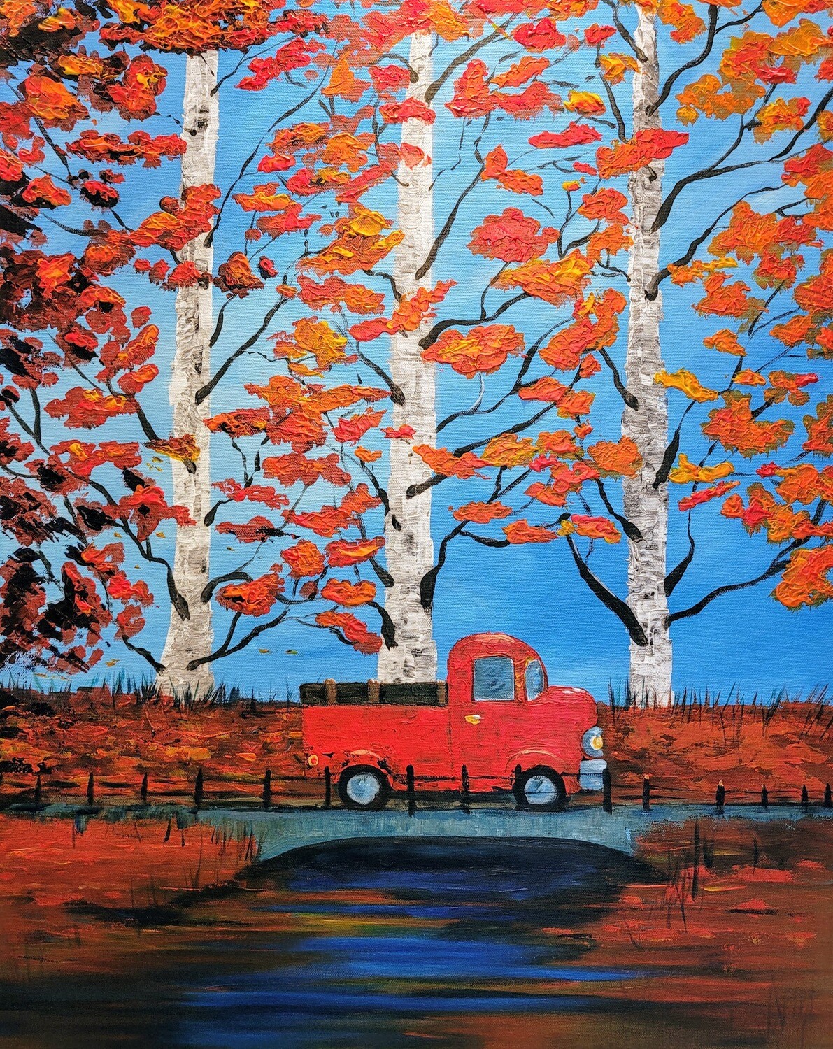 Painting: Autumn trees and red truck