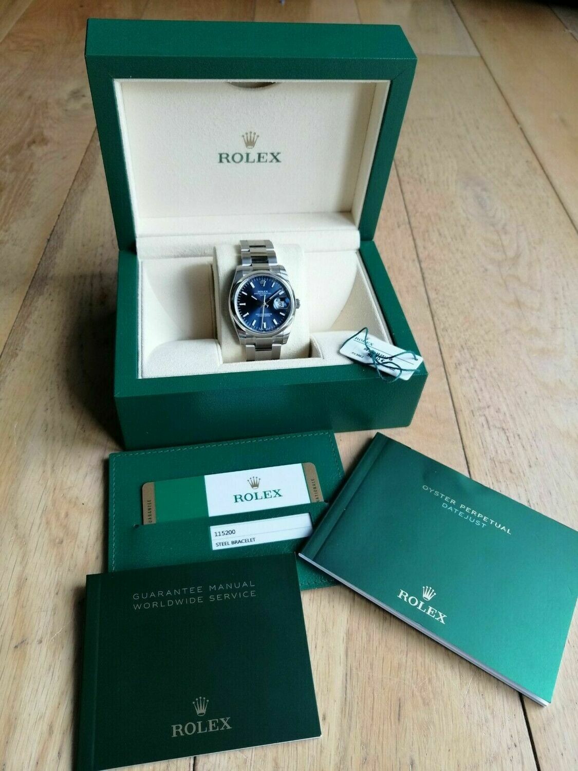 Rolex Oyster Perpetual Date 34mm Blue 115200 Fully Stickered Unworn