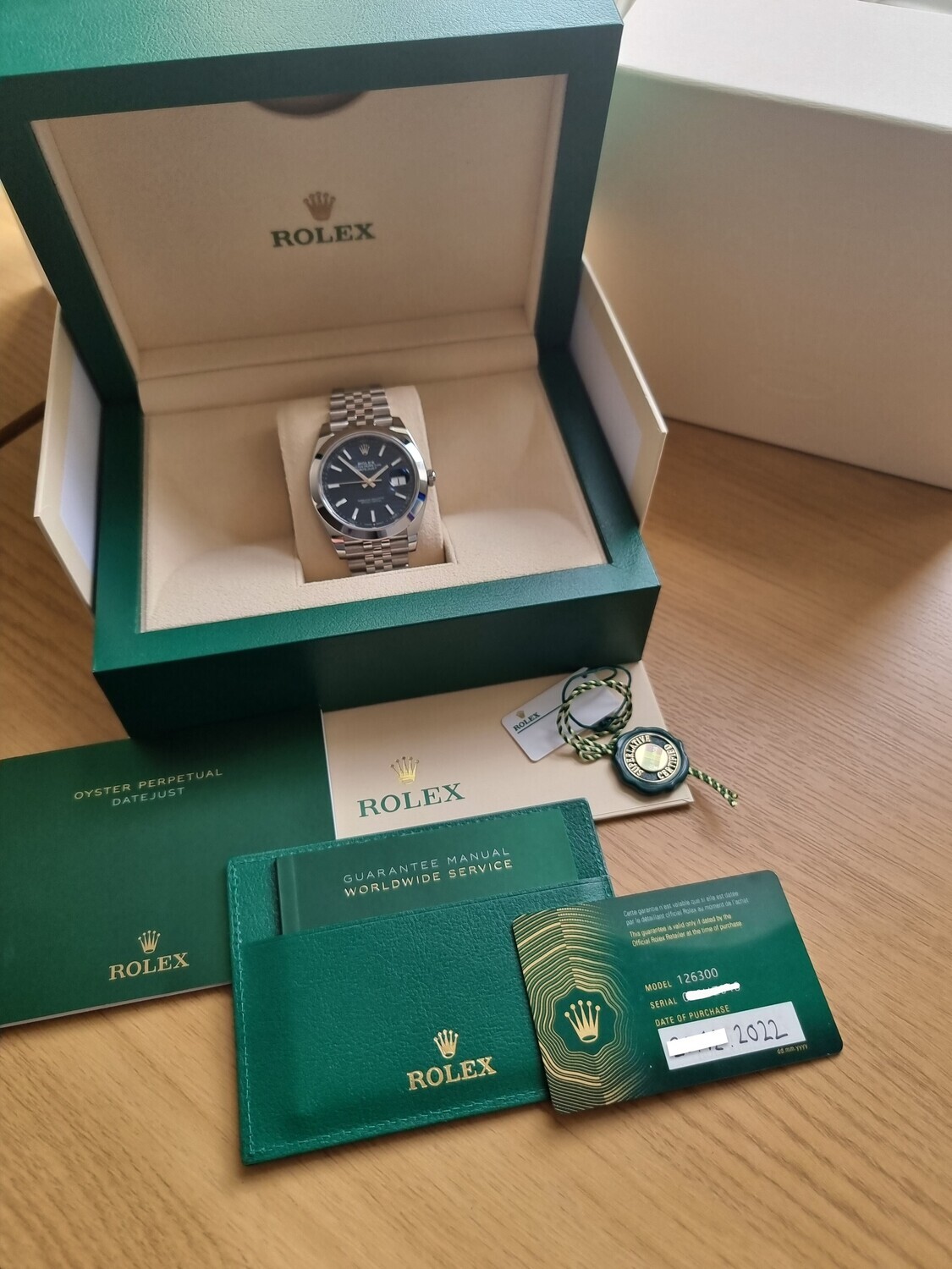 Rolex Datejust 41mm 126300, Blue Motif Dial, 2022 New/Unworn, Full Set