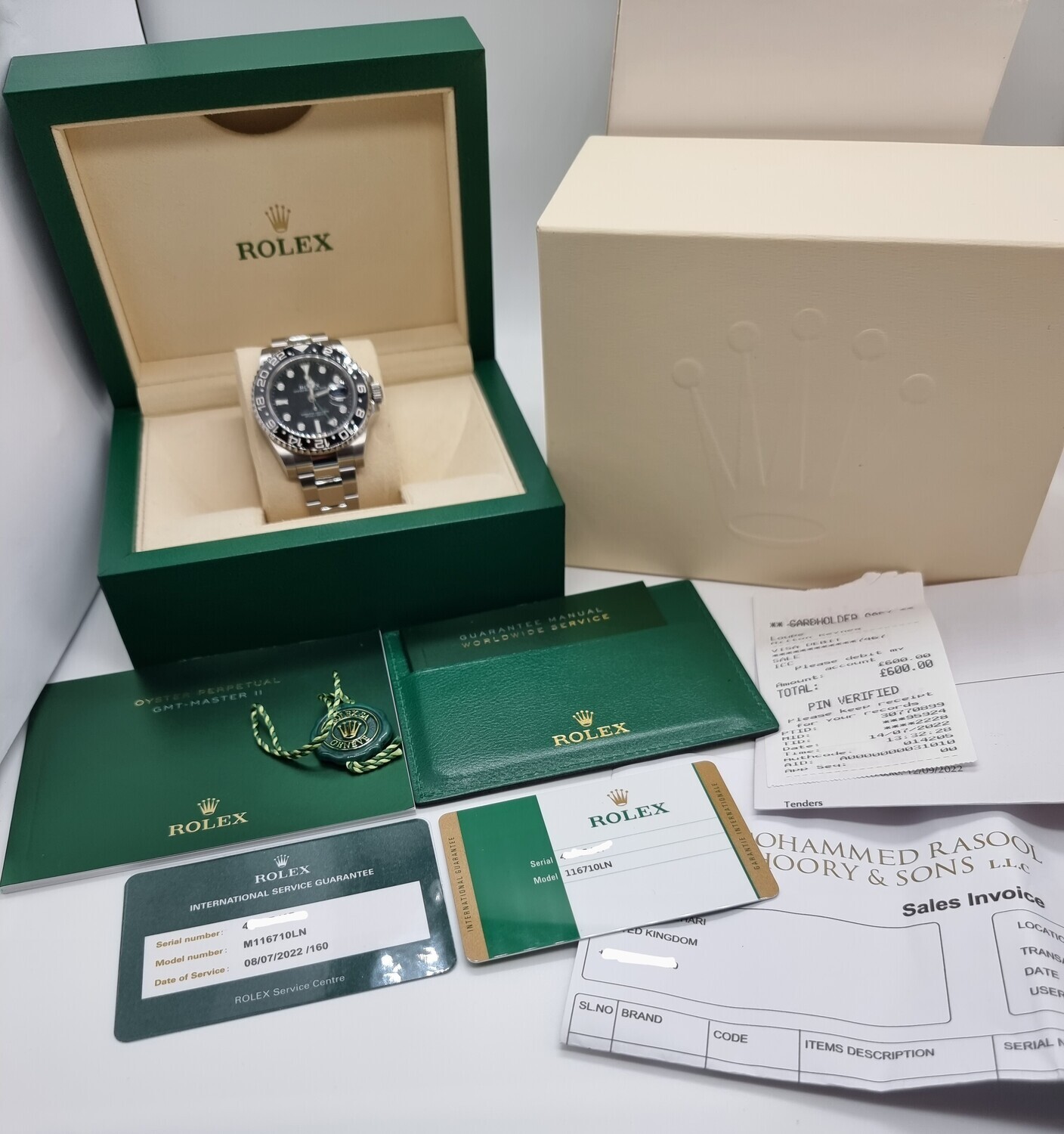 Rolex GMT Master II 116710LN, 2017 Collectors Set, 2022 Rolex Service