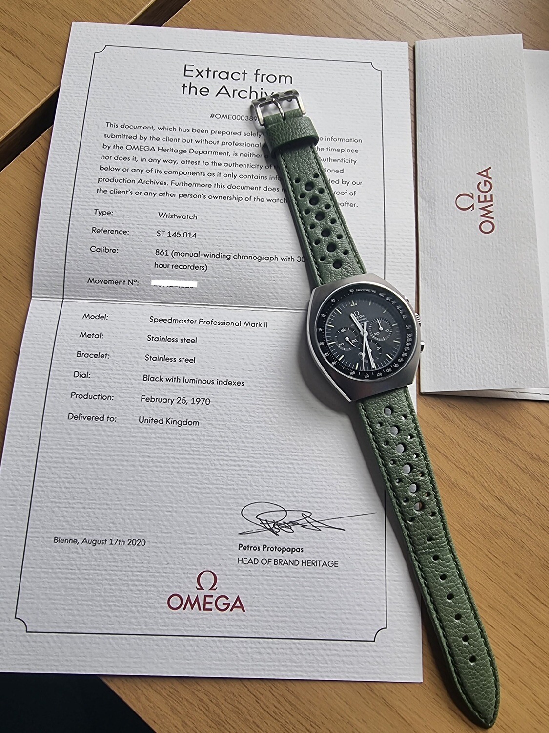 Omega Speedmaster Mark II 145.014 1970, with Omega Extract, Excellent Condition