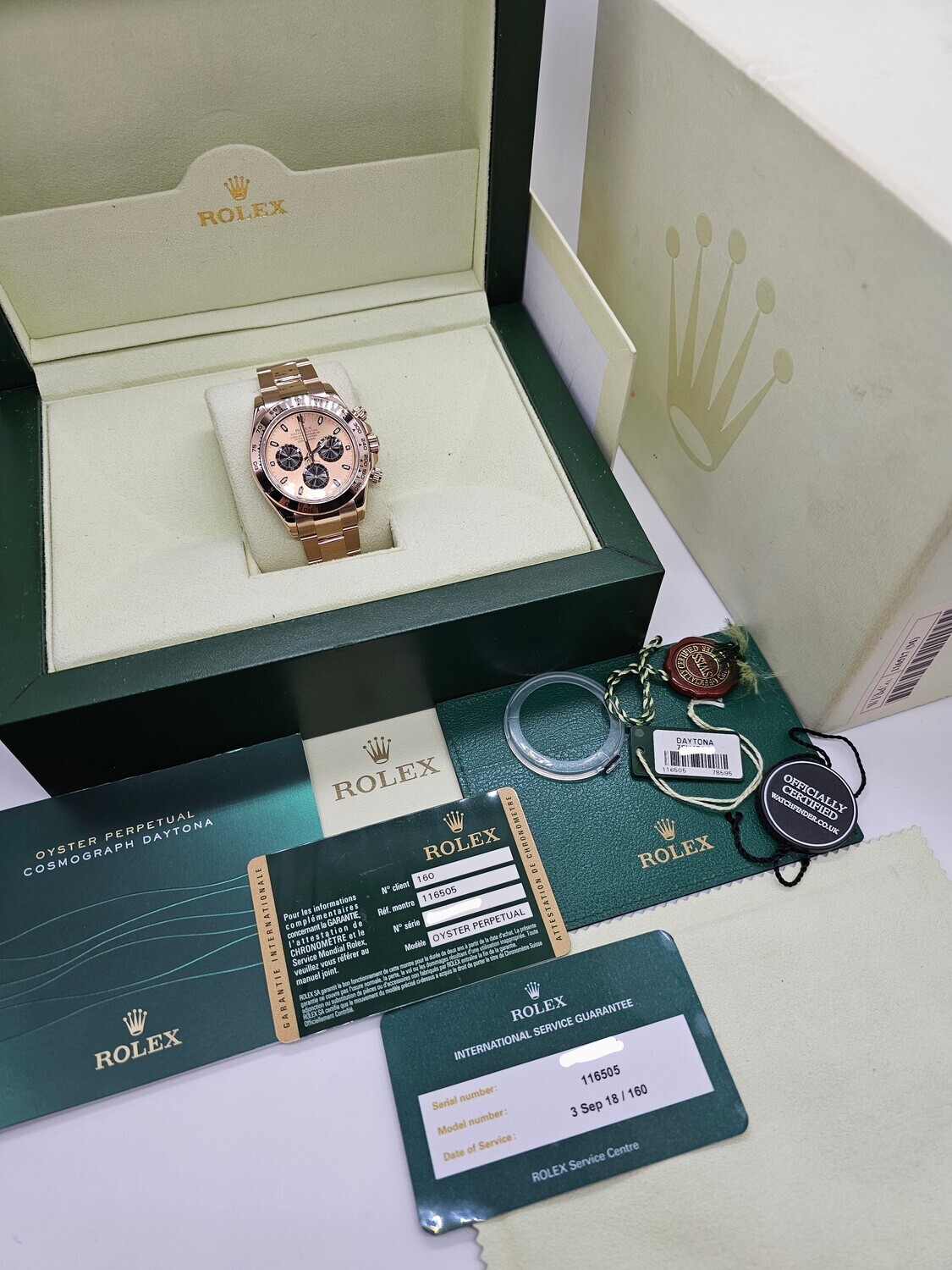 Rolex Daytona 116505, Rose Gold 2014 Full Set, 2018 Rolex Service Card