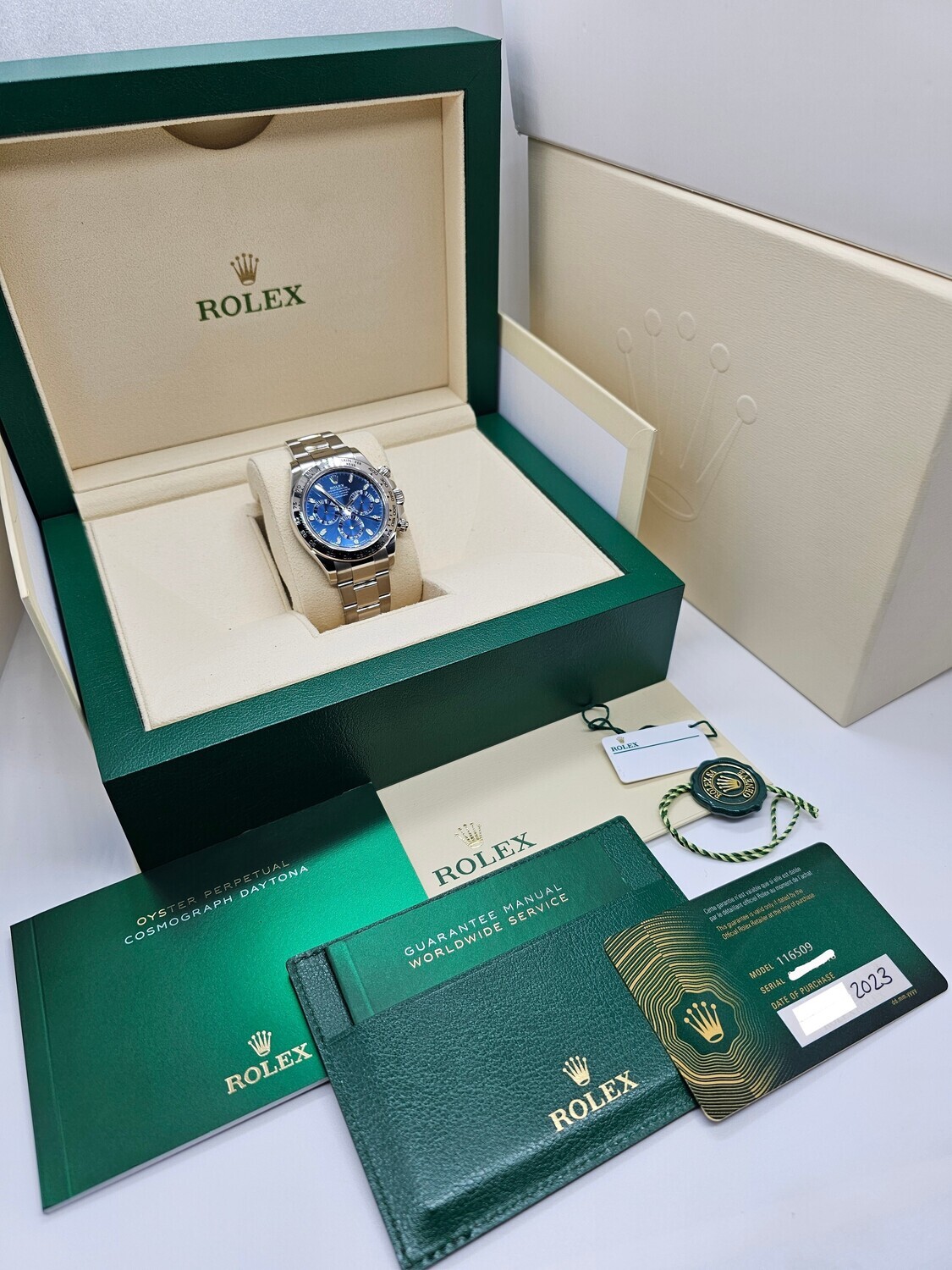 Rolex Cosmograph Daytona 116509 - 2023 Full Set, Blue Dial 18K White Gold