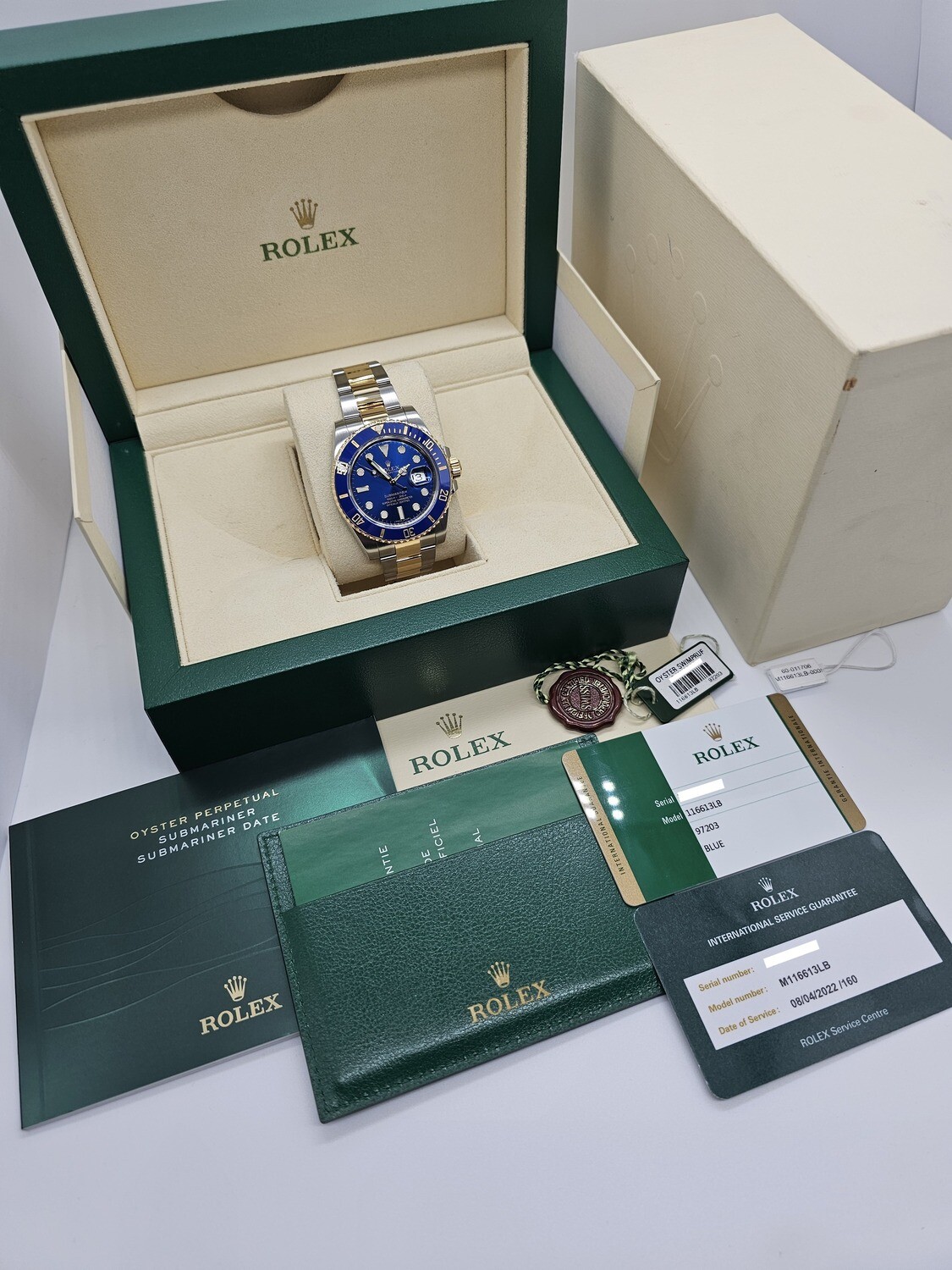 Rolex Submariner Watch, Bluesy Ref 116613LB, 2014 Full Set, 2022 Rolex Service