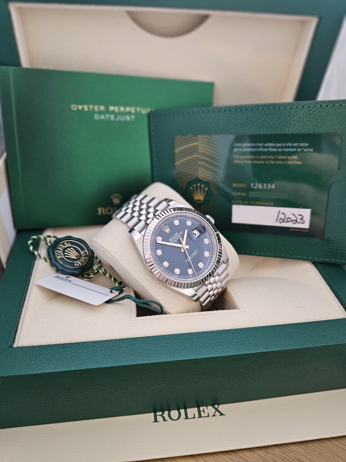 Rolex Datejust Watch, Blue Diamond Dial, Full Set 2023, Ref 126334, 41mm
