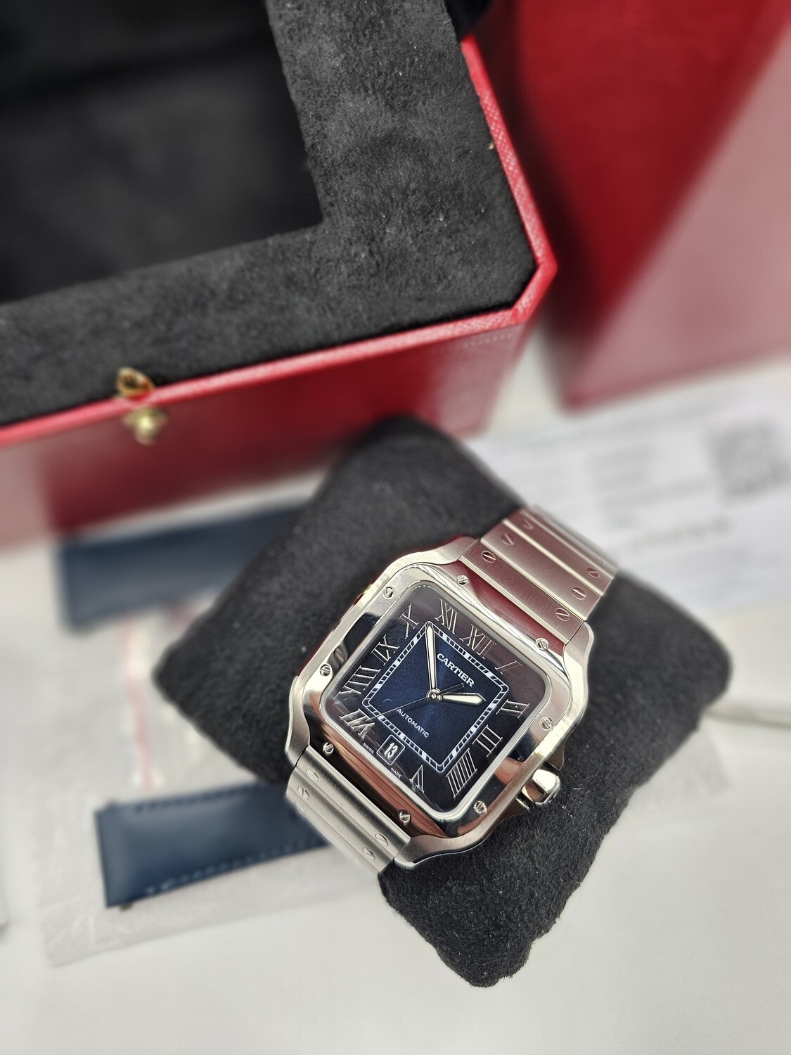 Cartier Santos Watch, Large Blue Dial 2024 Full Set New/Unworn, Ref WSSA0030