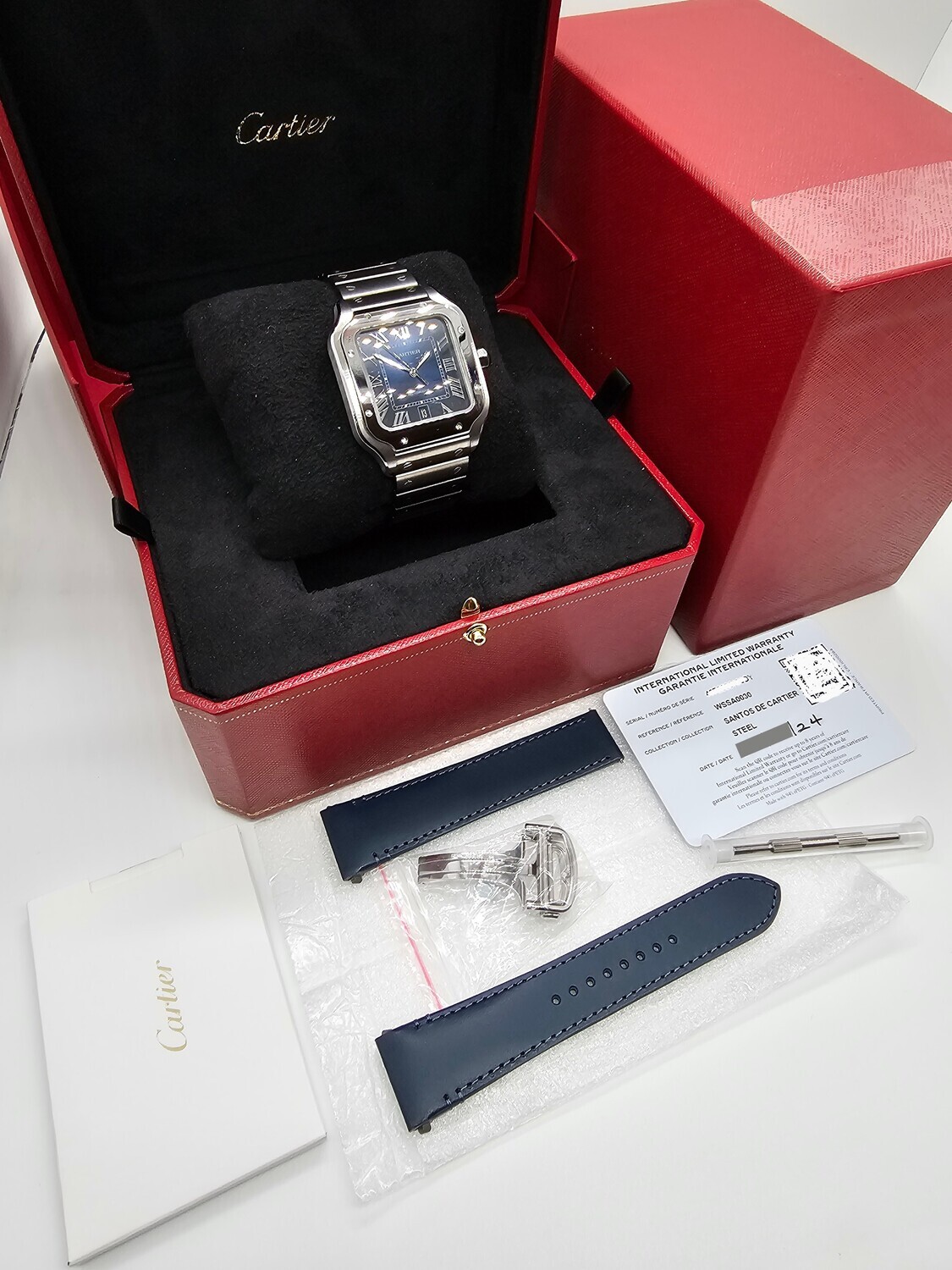 Cartier Santos Watch, Large Blue Dial 2024 Full Set New/Unworn, Ref WSSA0030