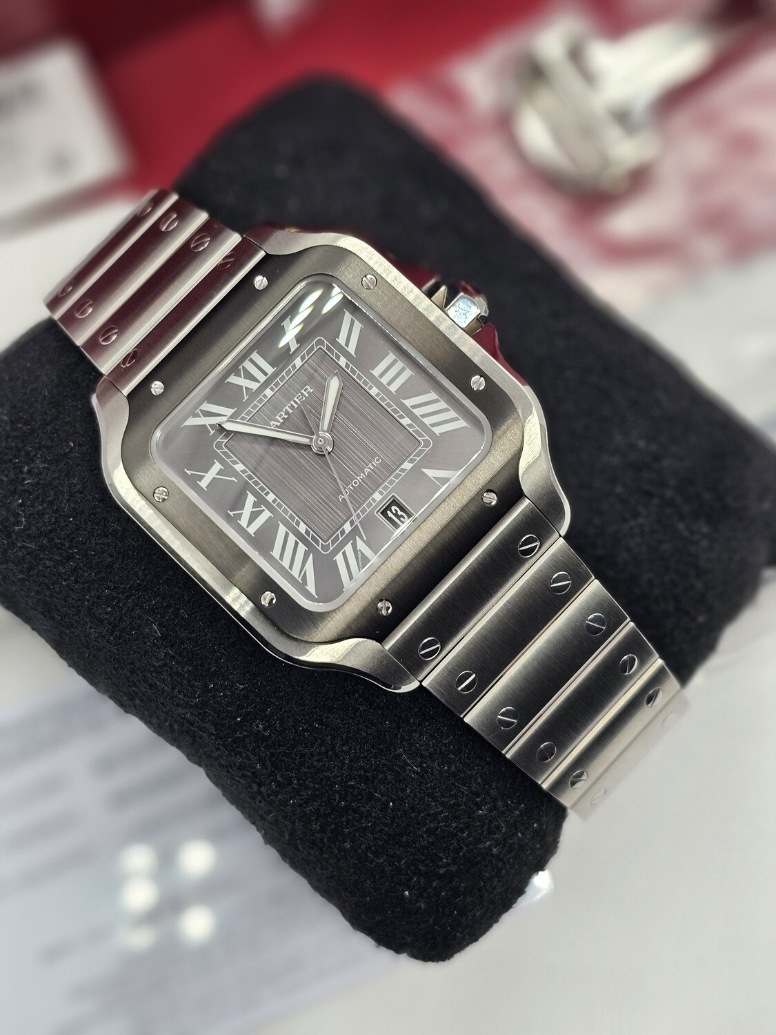 Cartier Santos De Cartier Watch, Black ADLC Dial, Dec 2023 Full Set, Ref WSSA0037
